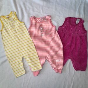 Bundle 3 Vintage Baby Girl Rompers OshKosh Bgosh Pink Yellow one piece Velour